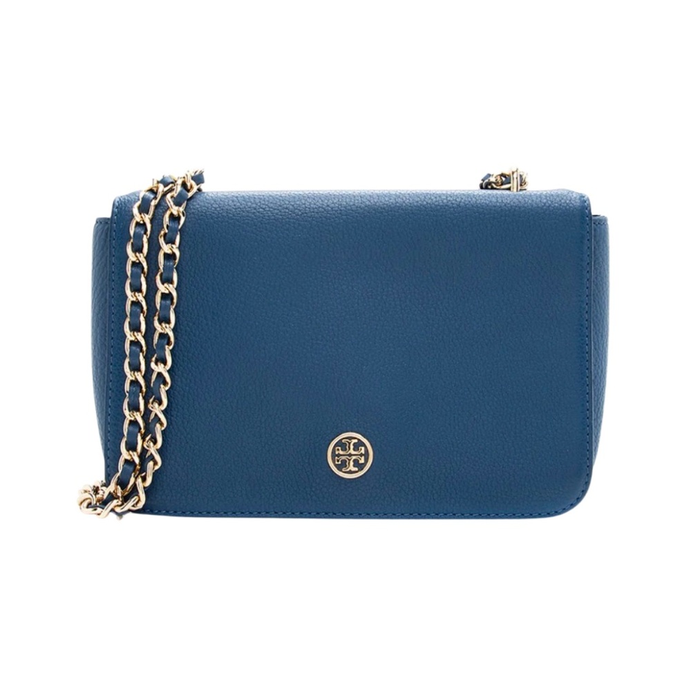 Tory Burch Logo Pebbled Leather Flap Shoulder Bag in Tidal Blue